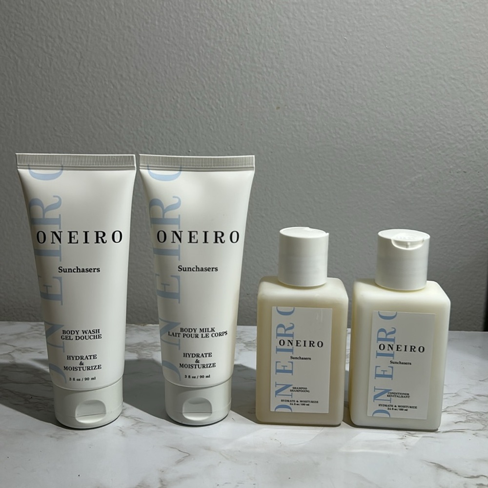 Oneiro Sunchasers 4 Piece Travel Kit Shampoo, Conditioner, Body Wash + Lotion